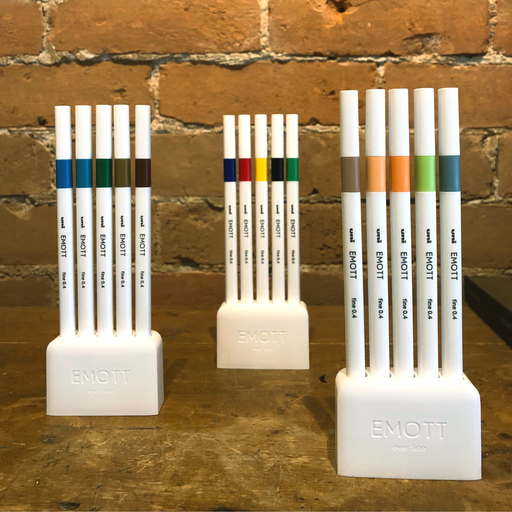 Sample of fineliner pens in desk stand on desk.