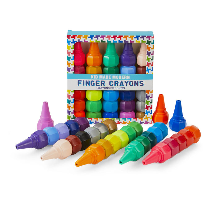 Kid Made Modern finger crayons in box and laid out