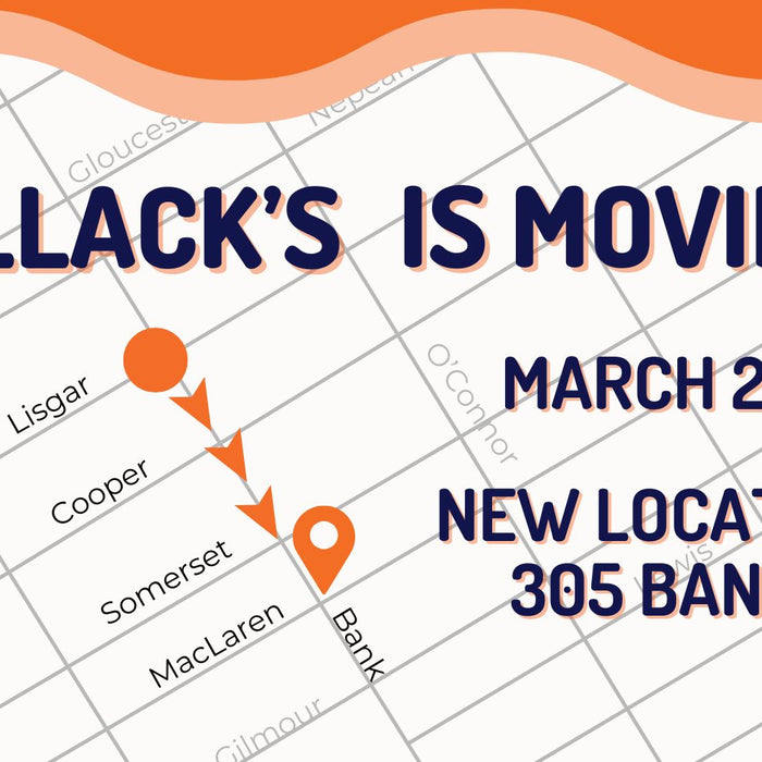 Wallack's moving announcement banner with map of new location three blocks south of existing location. Art Supplies Ottawa Downtown Centretown.