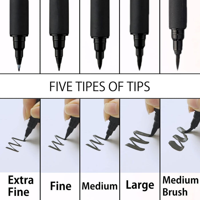 Comparison chart showing Kuretake Bimoji Extra Fine, Fine, Medium, Large, and Hard Medium brush strokes