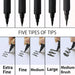 Comparison chart showing Kuretake Bimoji Extra Fine, Fine, Medium, Large, and Hard Medium brush strokes