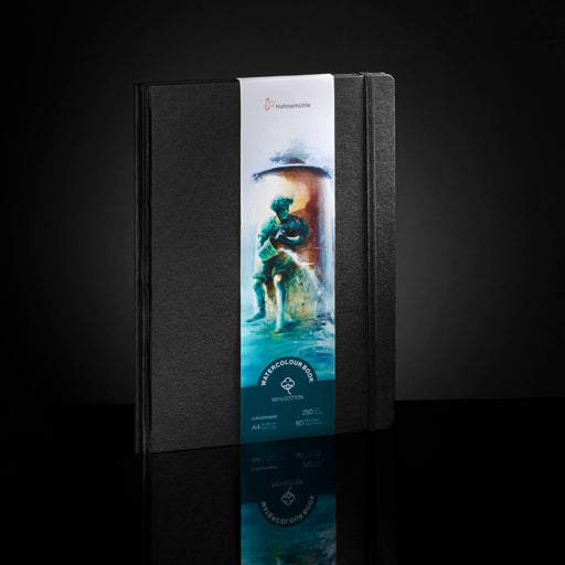 Hahnemühle Cold Press Watercolour Book with black hardcover and product band on dark background
