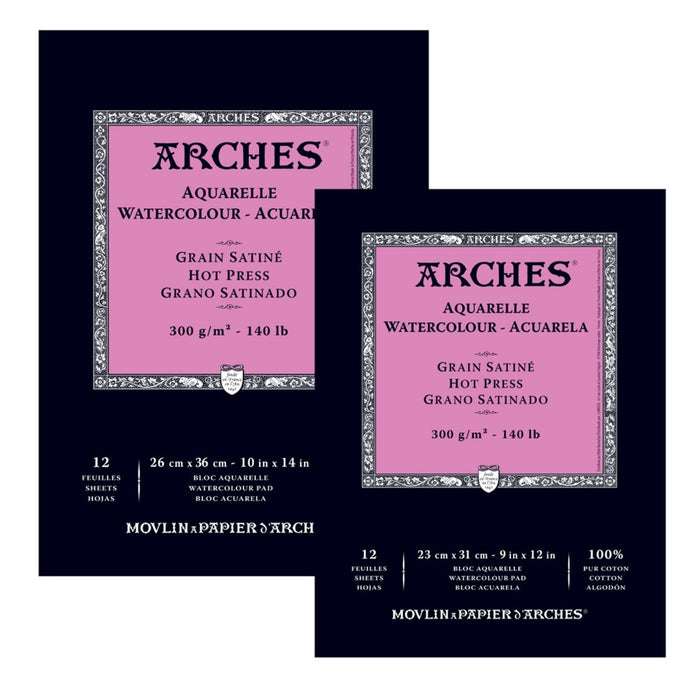 Arches Watercolour Pad Hot Press 100 percent cotton watercolour paper available in 9x12 and 10x14 inch sizes