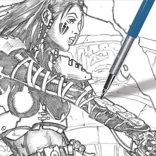 Close-up of manga line drawing being inked with a blue pencil on illustration paper