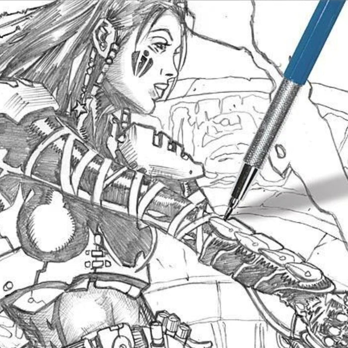 Close-up of manga line drawing being inked with a blue pencil on illustration paper