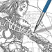 Close-up of manga line drawing being inked with a blue pencil on illustration paper