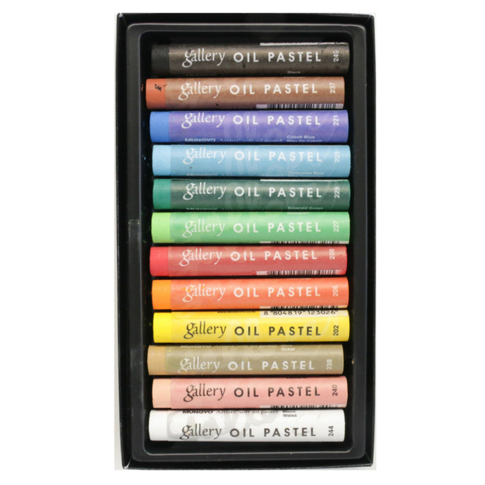 Open Mungyo Gallery oil pastel tray showing 12 professional soft oil pastel colours