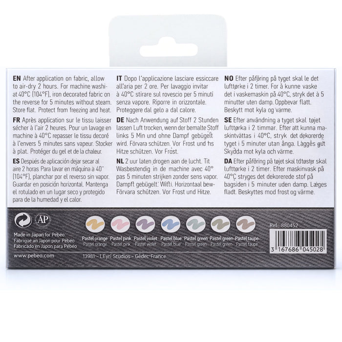Pébéo 7A fabric marker set back packaging instructions and colours
