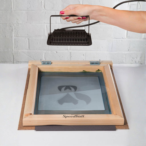 Speedball screen printing setup using inkjet transparency sheet for photo emulsion stencil exposure