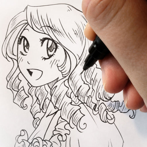  Manga-style line drawing being inked on sketch paper with a black pen