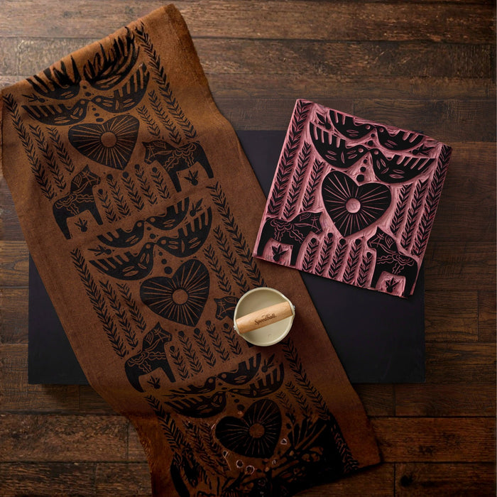 Printmaking design on fabric made with Speedball Fabric Block Printing Ink