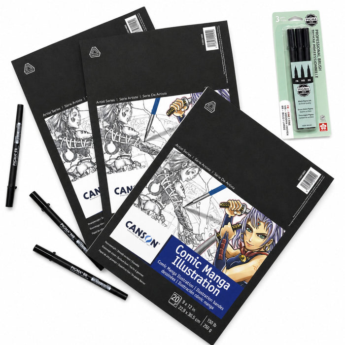 Canson Comic Manga Illustration Pads displayed with Pigma brush pens for manga drawing