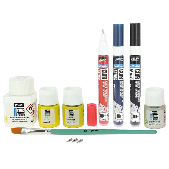 Pébéo Setacolor leather paint markers bottles brush and varnish kit contents