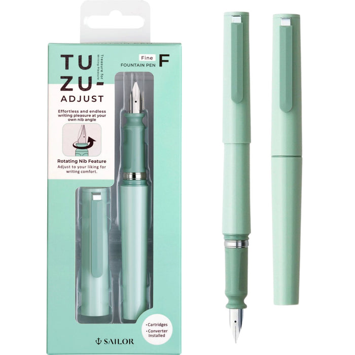Sailor TUZU Adjust fountain pen green packaging with pen, cap, cartridges, and converter