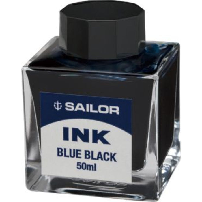 Close-up of Sailor Blue-Black fountain pen ink 50ml glass bottle