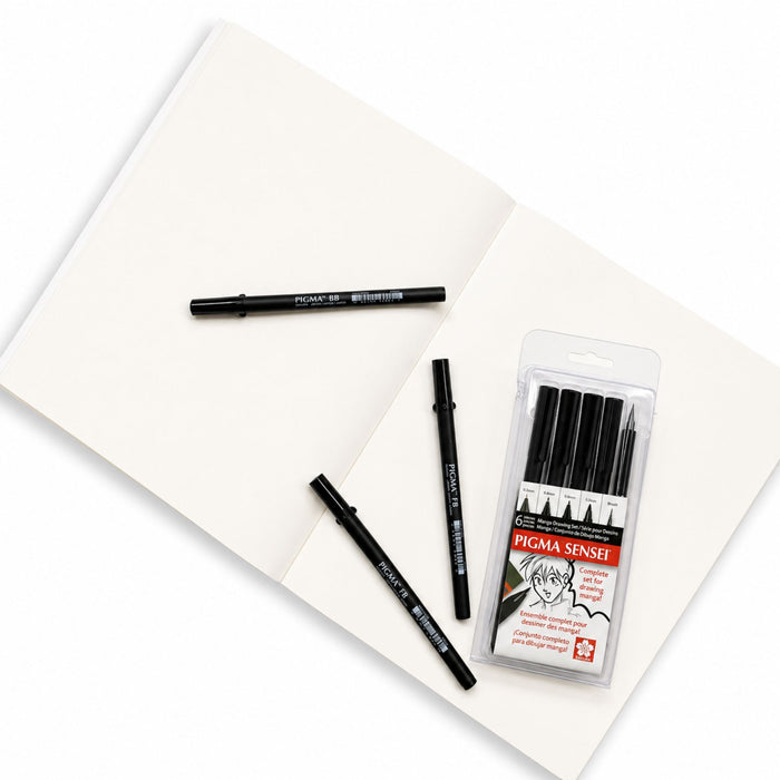 Open sketch pad with manga drawing pens and blank fine-textured paper