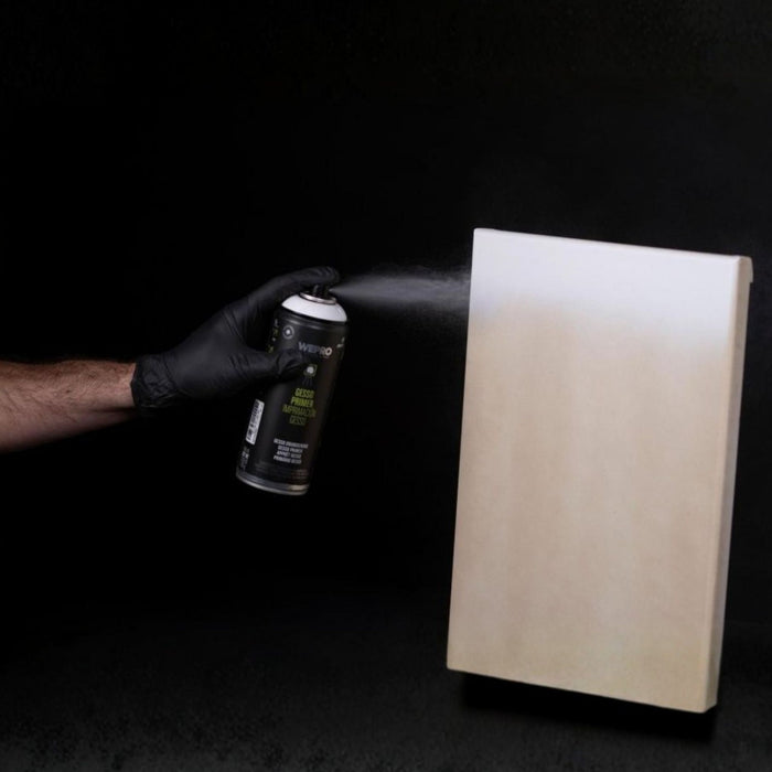 MTN WEPRO Gesso Primer spray application on stretched canvas surface