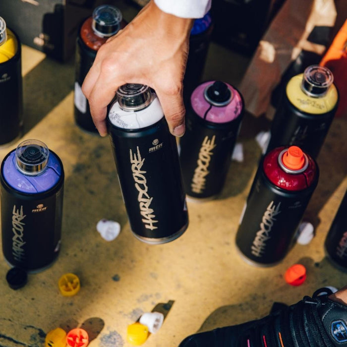 Selection of MTN Hardcore spray paint colours and interchangeable spray caps