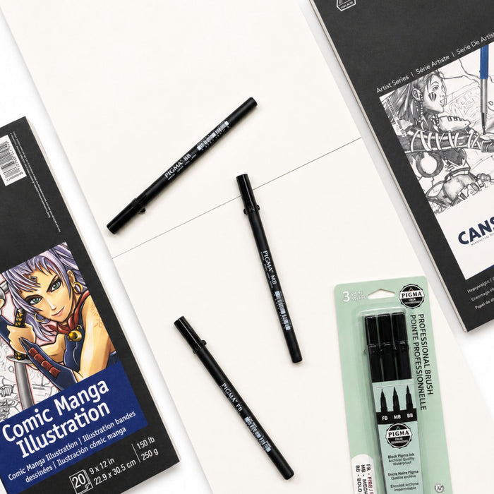 Open Canson Comic Manga Illustration Pad with Pigma pens and smooth blank paper