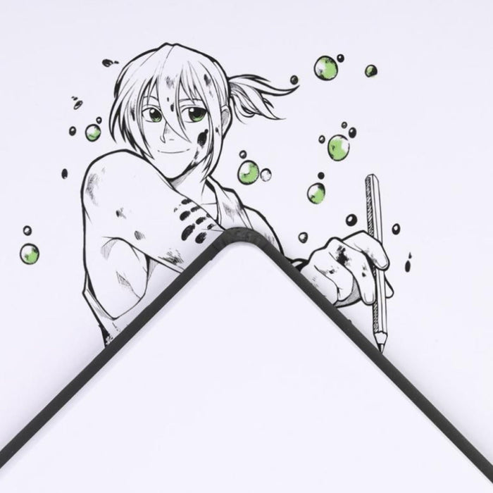 Manga-style drawing on smooth paper with Canson Graduate Manga Sketchbook page in foreground