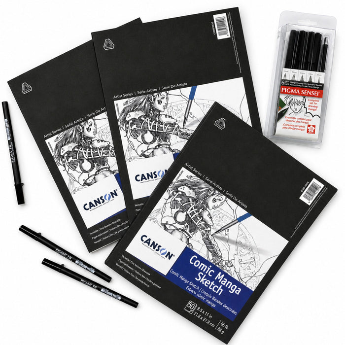 Canson Comic Manga Sketch Pads displayed with Pigma Sensei pens for comic drawing