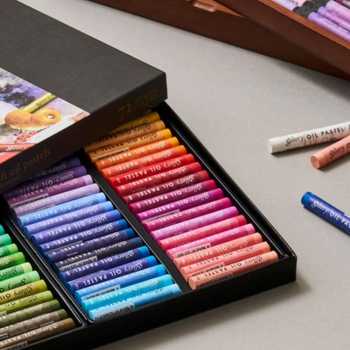 Close-up of Mungyo Gallery soft oil pastel sticks arranged by colour
