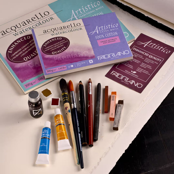 Fabriano Artistico watercolour paper and artist supplies including brushes paints and drawing materials