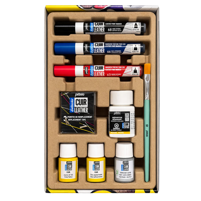 Pébéo Setacolor Leather kit organized tray with markers paints and tools