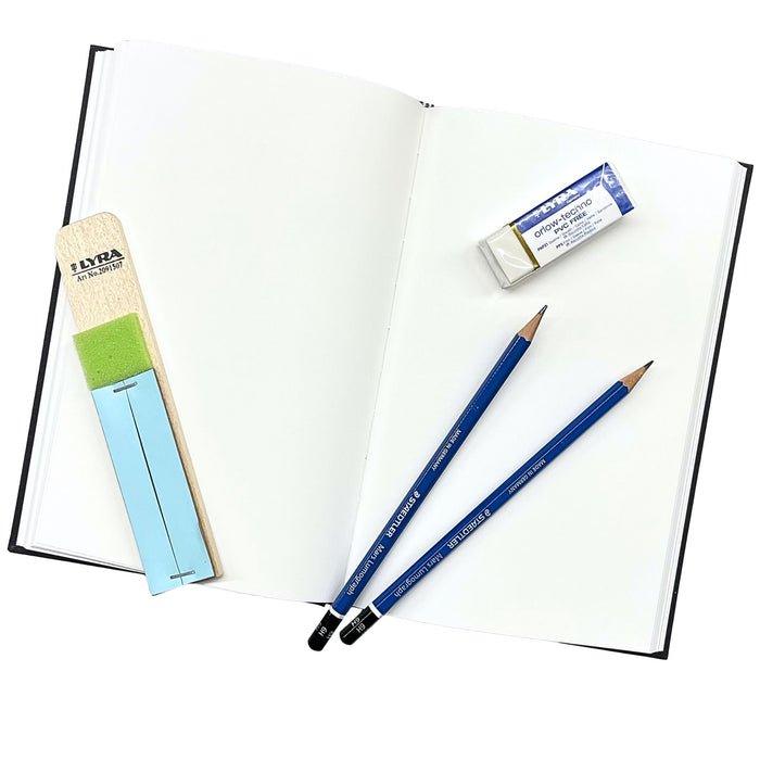 Open Daler-Rowney Simply Sketchbook with drawing pencils and eraser