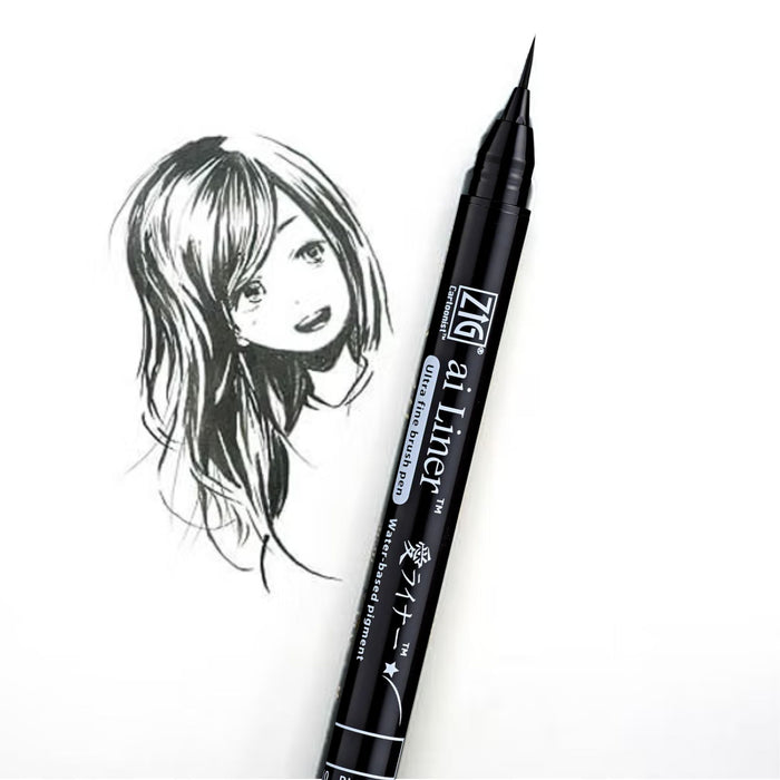 ZIG Ai Liner ultra-fine brush pen beside black ink illustration portrait