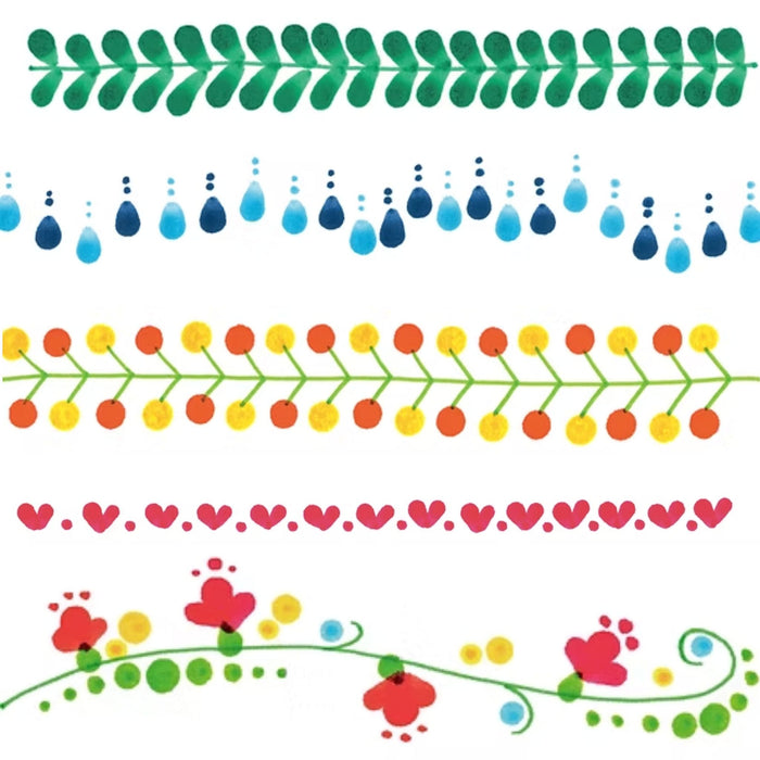 Colourful dot marker pattern with hearts, leaves, flowers, and decorative border designs
