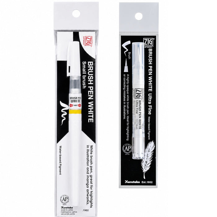 Small Brush and Ultra Fine Kuretake ZIG Cartoonist White Brush Pen variants in packaging