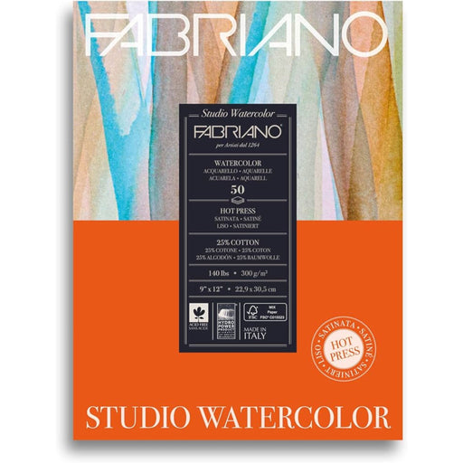 Fabriano Studio Watercolor hot press pad with 50 sheets in 9 x 12 inch size
