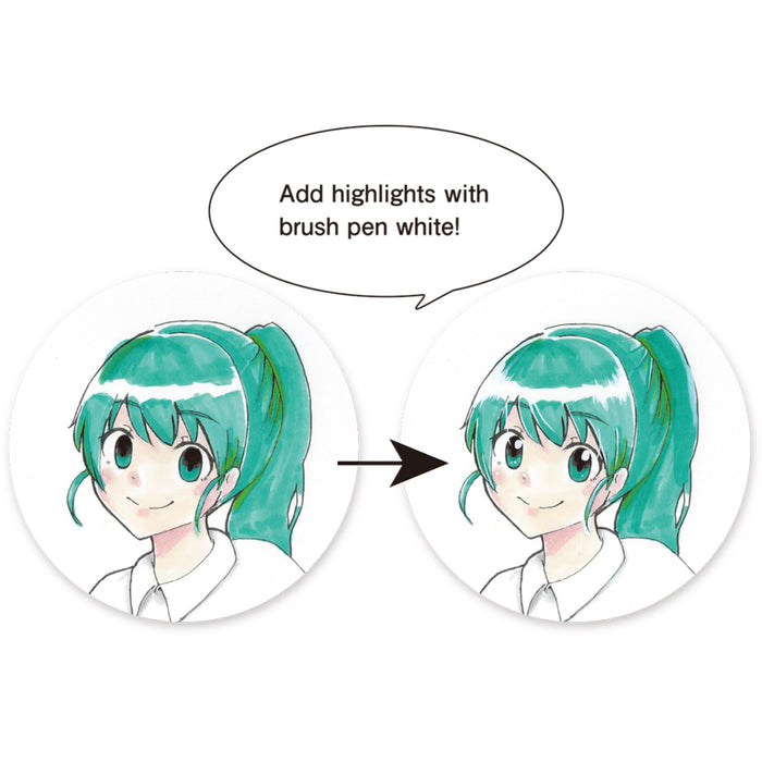Manga character example showing white highlights added with brush pen white