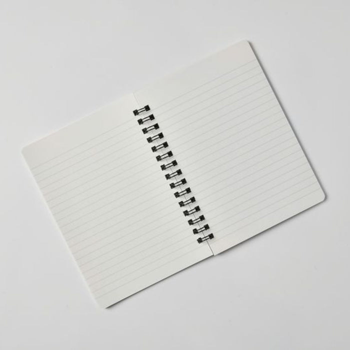 Inside pages of Apica CD Twin Ring Notebook showing lined fountain pen friendly paper and lay-flat binding