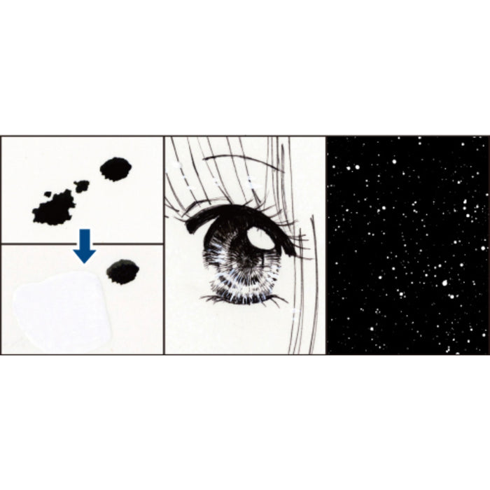 White brush pen examples for correcting ink mistakes, manga eye highlights, and star effects