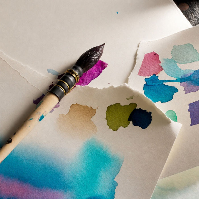Watercolour brush with colourful paint swatches on smooth paper