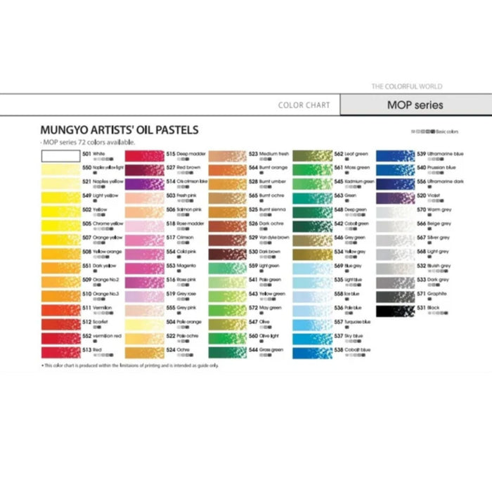 Mungyo MOP Series Artist Oil Pastel colour chart showing available colours