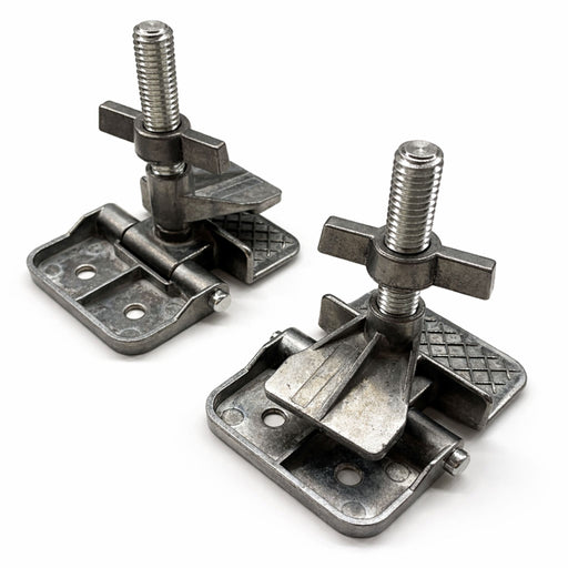 Close-up of cast aluminum screen printing hinge clamps with thumbscrews