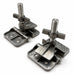 Close-up of cast aluminum screen printing hinge clamps with thumbscrews
