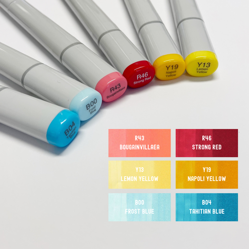 Copic Sketch Alcohol Markers Set of 6 Primary Colours with colour swatches Bougainvillaea, Strong Red, Lemon Yellow, Napoli Yellow, Frost Blue, and Tahitian Blue
