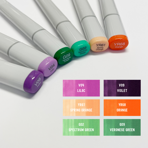 Copic Sketch Secondary Set of 6 with colour swatches of Lilac, Violet, Spring Orange, Orange, Spectrum Green, and Veronese Green