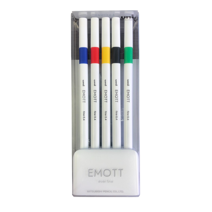 Five fineliners and white desk stand in plastic packaging. Colours blue, red, yellow, black, and green.