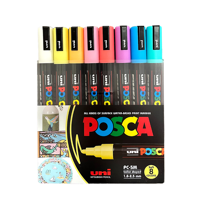 8 soft colour posca markers in plastic box with posca logo.