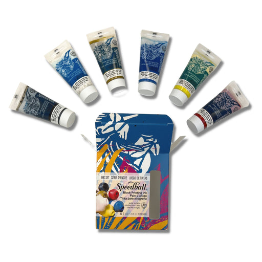 Open packaging, contents displayed, siz inks including red, blue, yellow, white, black, and gold