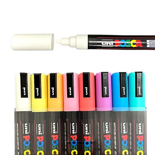 8 soft colour posca markers with an open white posca pen displaying nib.