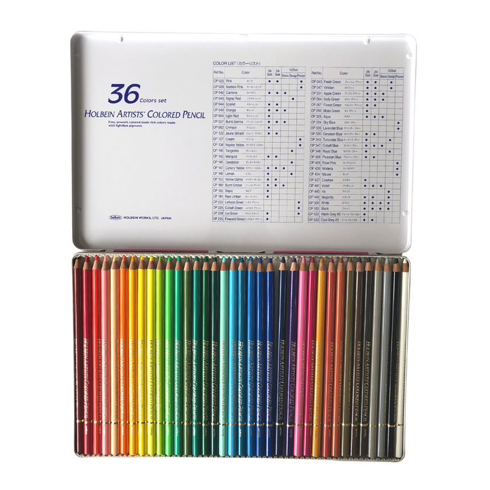 open tine of 36 coloured pencils