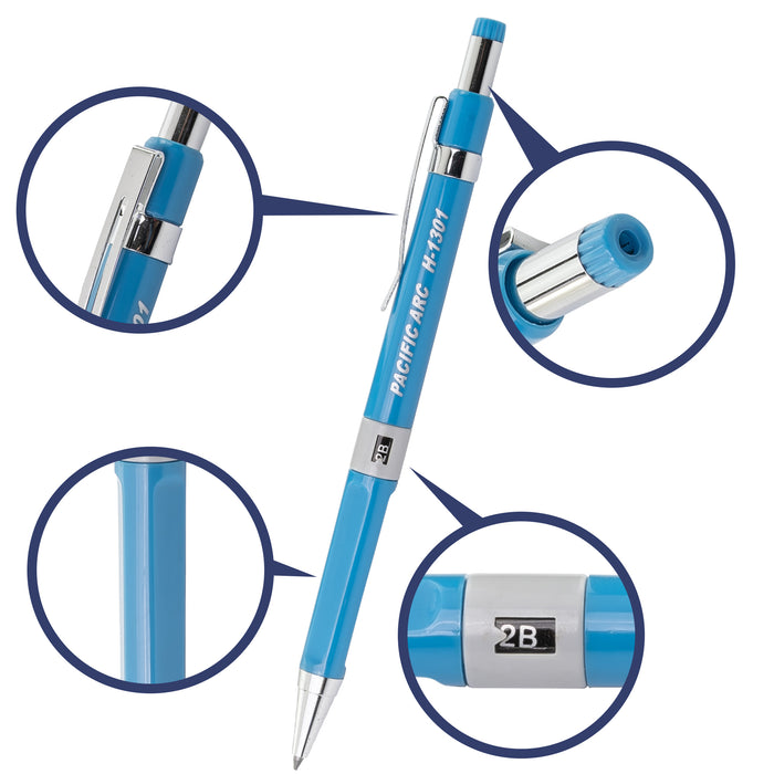 Blue plastic leadholder with detail shots of clip, leadpointer, ergonomic grip, and adjustable grade marker.