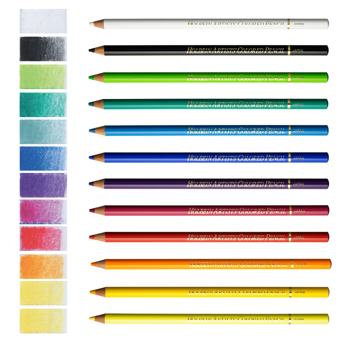 twelve coloured pencils and twelve colour swatches