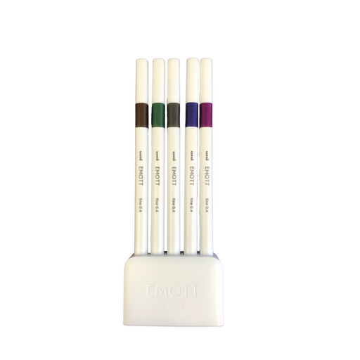 Five fineliners in a white desk stand. Colours dark brown, khaki geen, greay, violet, and amethyst.